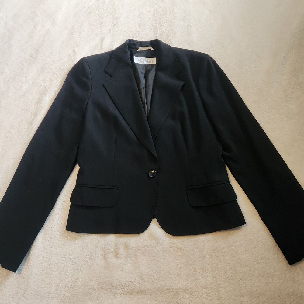 Max Mara Mainline Black Virgin Wool Blazer Suit Jacket Single Button US 12 EUC